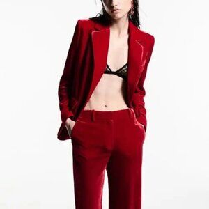 Mango MNG Women Velvet Suit Set XS/4 Red Jacket Trousers Holiday Party 2-Piece